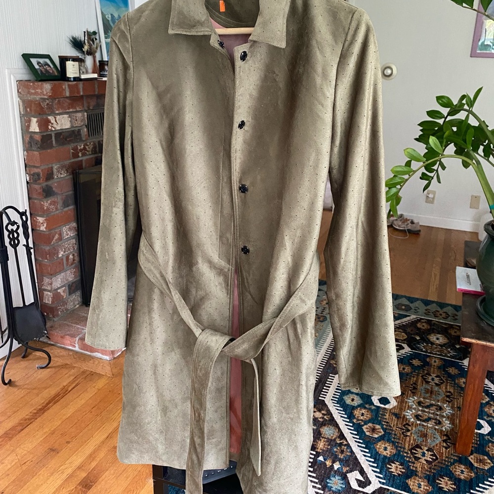 Green faux suede duster trench coat with dusty rose lining, women’s small